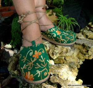 Embroidered Green Floral Espadrille Ankle Wrap Shoes  