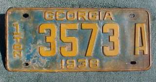 Georgia State 1938 1 Ton Vehicle License Plate  