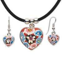 HEART Polymer CLAY Bead Necklace & Earring Set RED BLUE  
