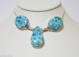 NEW DOMINICAN AA FREE SHAPED LARIMAR STONES .925 SILVER NECKLACE 