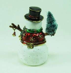 Bejeweled Whimsical Snowman w Christmas Tree Hinged Trinket Box