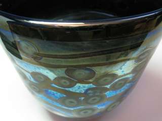  Signed Blue Green Silver Grey Metalic Abstract Art Glass Vase  
