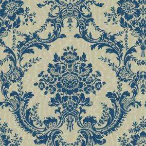   56 sq.ft. Blueand Taupe Mid Scale Damask on Moire Background Wallpaper