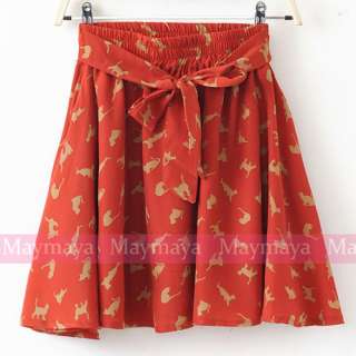   high waist bow belt Cat Print A sharp skirt US size 6 8 10  