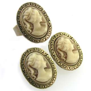 VTG Antique Look Oval Brown Cameo Earrings Ring Set s90  
