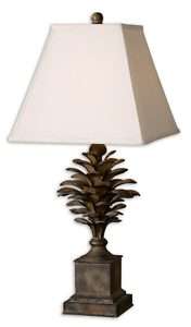 Bronze Pine Cone Shape Ivory Square Shade Table Lamp  