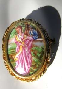Vintage LIMOGES France Handpainted Ceramic Brooch Courting Couple 