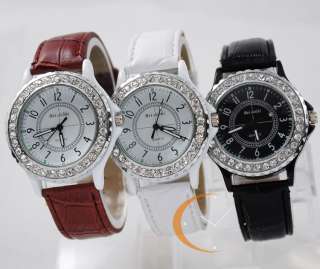 Unisex Lady Womens Wrist Watch Crystal Quartz Leather Stylish Fashion 