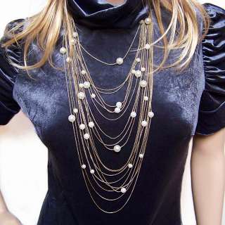   jewellery antique gold plated pearl multi chain strand long necklace
