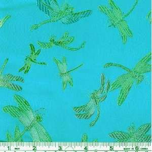  44 Wide Oriental Brocade Fabric Dragonflies Turquoise By 