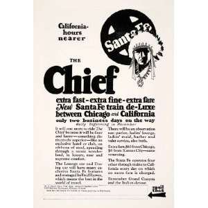  1926 Ad Chief Santa Fe Grand Canyon Native American Indian 