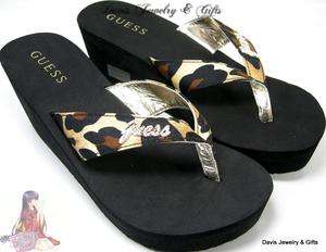 Guess Logo Rhinestone Flip Flops Sandals Cheetah Leopard Thong Shoes 