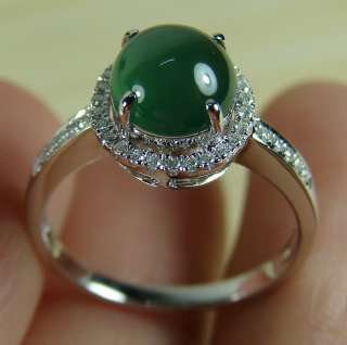   Cabochon Old Icy Emerald Green Jadeite 18K White Gold Diamond Ring 7