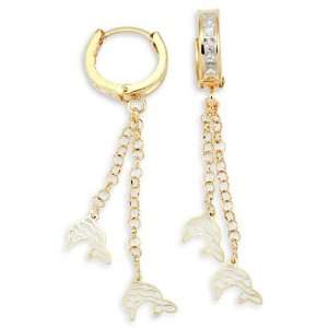  14k Yellow Gold CZ Dangle Dolphins Huggie Hoop Earrings Jewelry