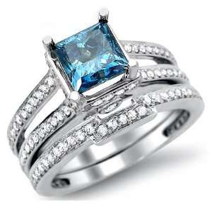93ct Blue Princess Cut Diamond Engagement Ring Wedding Set 14k White 