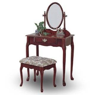 Traditional Cherry Finish Wood Vanity Table, Mirror & Stool/Bench Set 