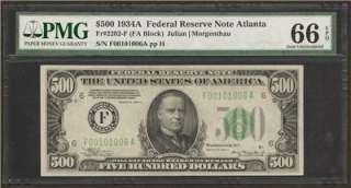 1934A $500 Five Hundred Dollar Bill Note Atlanta District PMG GEM 66 