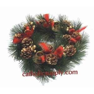   Red Ribbon and Gold Pinecone Evergreen Advent Wreath 