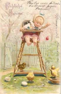 Baby in High Chair Vtg German Easter EARLY Postcard  