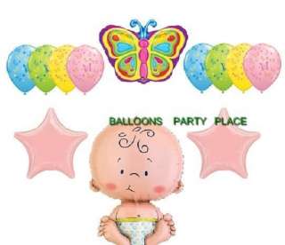 WELCOME BABY GIRL BUTTERFLY balloons PINK GREEN YELLOW shower MYLAR 