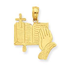 New 14k Gold Bible, Praying Hands, and Cross Pendant  
