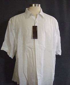 3X 100% Linen White Mens Big and Tall button front Shirt Perry Ellis 