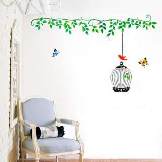 Bird Cage Tree Vine Butterfly Art Mural Wall Vinyl Sticker Decal Home 