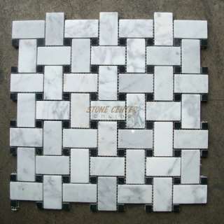   Polished Carrara White Basketweave with Black Dots Marble Mosaic Tile