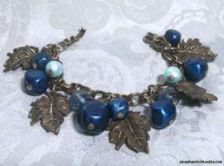 Vintage Oxidized Silver Charm Bracelet with Blue Moon Glow Beads Box 