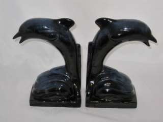 Blue Mountain Pottery Pair Dolphin Bookends Cobalt Blue  