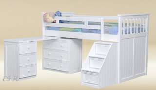 BARRON WHITE OR WALNUT WOOD LOFT BED W/ STEPS & DESK  