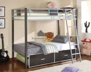 Silver Metal Twin/Full Bunk Bed w/ 2 Storage Drawers  