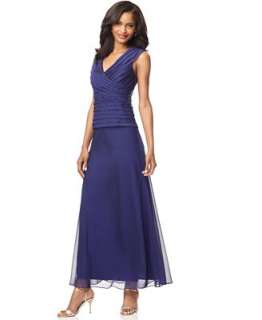 Patra Dress, Cap Sleeve Pleated Chiffon Layered Look Evening Gown