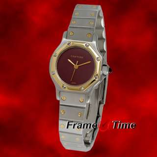 Cartier Santos Lady Vintage Red Maroon Automatic Octagon 18K Gold 