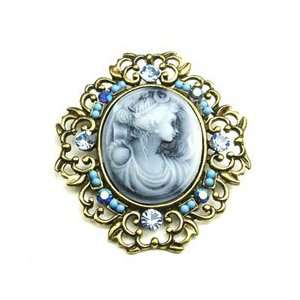    Blue Austrian Rhinestone Lady Cameo Brass Tone Brooch Pin Jewelry