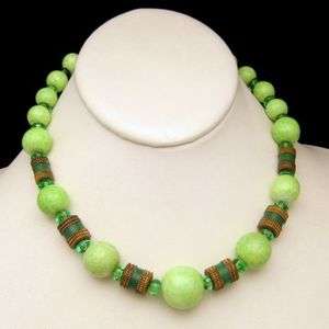 Vintage Chunky Necklace Green Mottled Yellow Glass Crystal Brass Beads 