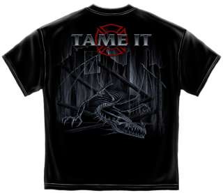 Cool Firefighter T Shirt Tame the fire Red Dragon fireman badge 