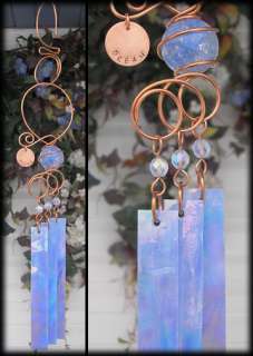   Stamped Stained Glass Wind Chimes Copper Garden Art Sculpture Blue