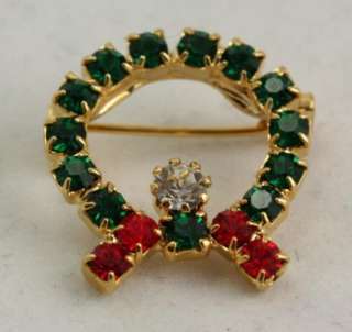 Vintage Costume Jewelry Christmas Rhinestone Wreath Pin  