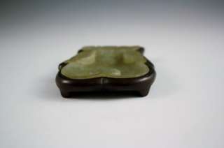ANTIQUE CHINESE JADE SMALL DESK DRESSER TRAY DISH W/ CARVED TEAK STAND 