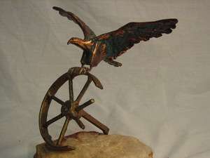 Curtis Jere Bronze Eagle Sculpture on Rock w/Helm  