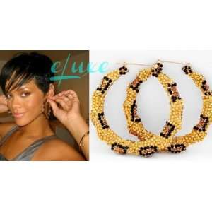  Rihanna Crystal Encrusted Bamboo Earrings in Gold Leopard 