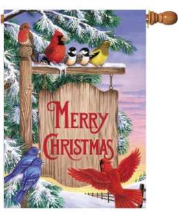 CHRISTMAS SIGN POST WINTER BIRDS SNOW SCENE Lg FLAG  