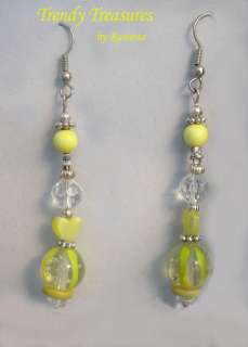 Yellow Art Glass Earrings,Cats Eye Hearts,Crystals 