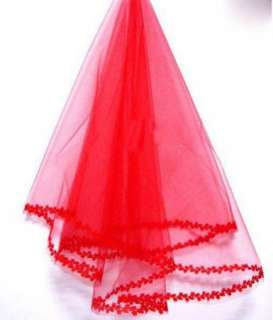 Red Hexagonal Wire Mesh Lace Ivory Bridal Wedding Veil  