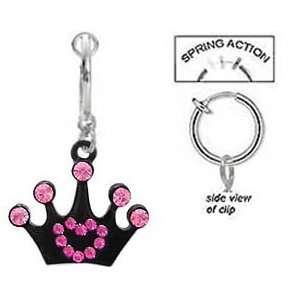 Fake Belly Navel Non Clip on Black & Pink Crown tierra princess dangle 