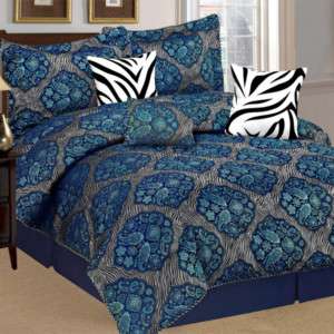  Luxury Jacquard Blue/ Gray Comforter Set w/Curtain QUEEN SIZE  