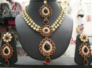 NEW INDIAN BEAUTIFUL AD STUDDED GRAND LOOK NECKLACE EARRINGS MANGTIKKA 