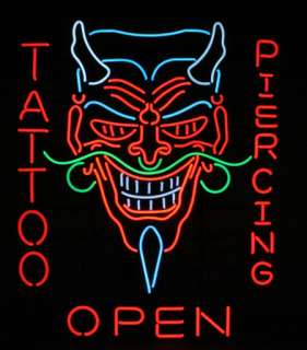 HUGE Devil TATTOO & Body Piercing Shop OPEN Neon Sign  