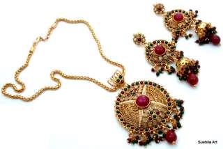 Beautiful 3 Pc Pendant Earring Jewelry Set with Ruby, Emerald, Polki 